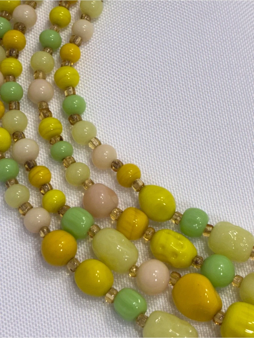 Vintage Multi-strand Pastel Bead Necklace - Yellow, Lime, Pale Peach Art Glass